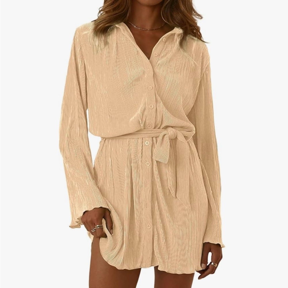 NEW Beige Collar V-Neck Button Down Pleated Long Sleeve Dress & Belt Size L ~NIP